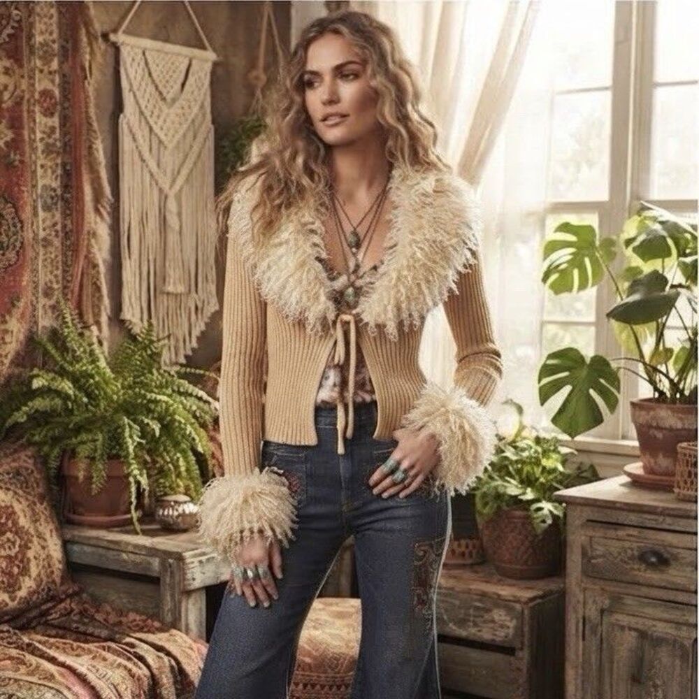 Haute Hippie Faux Fur Trim Ribbed Cardigan size M Tan Penny Lane Boho 70s
